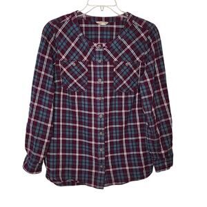 Duluth Trading Co Women's Free Swingin Plaid Flannel Button Front Tunic Shirt L